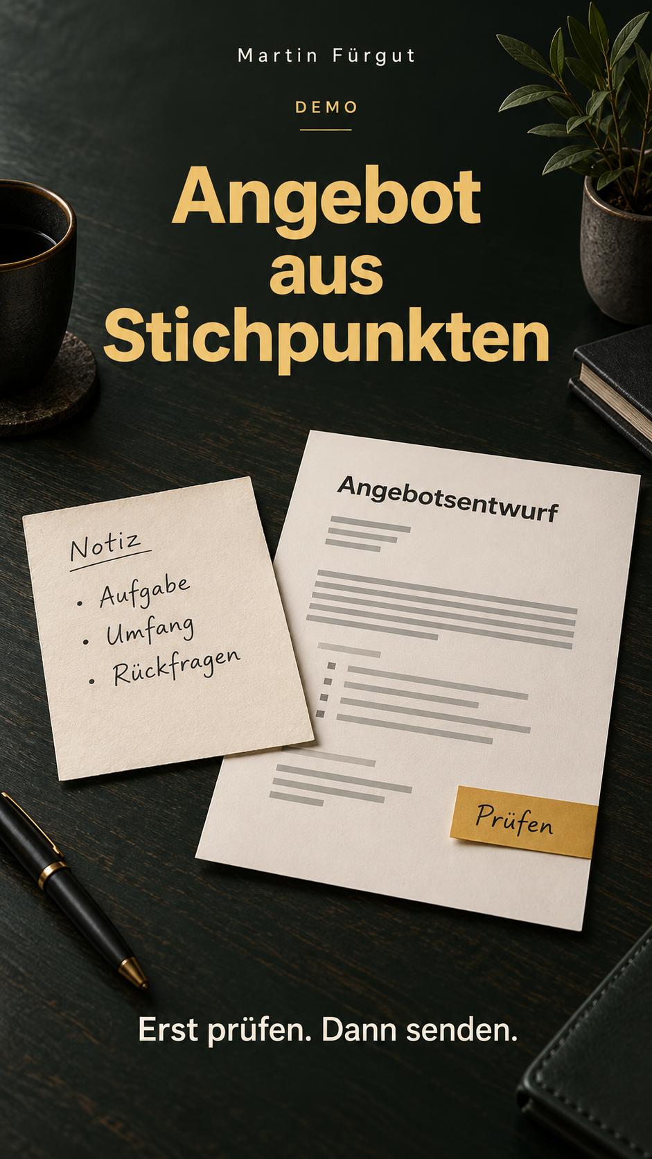Gestaltetes Demo-Beispiel: Eine Notiz mit Aufgabe, Umfang und Rückfragen wird zu einem Angebotsentwurf. Erst prüfen, dann senden.